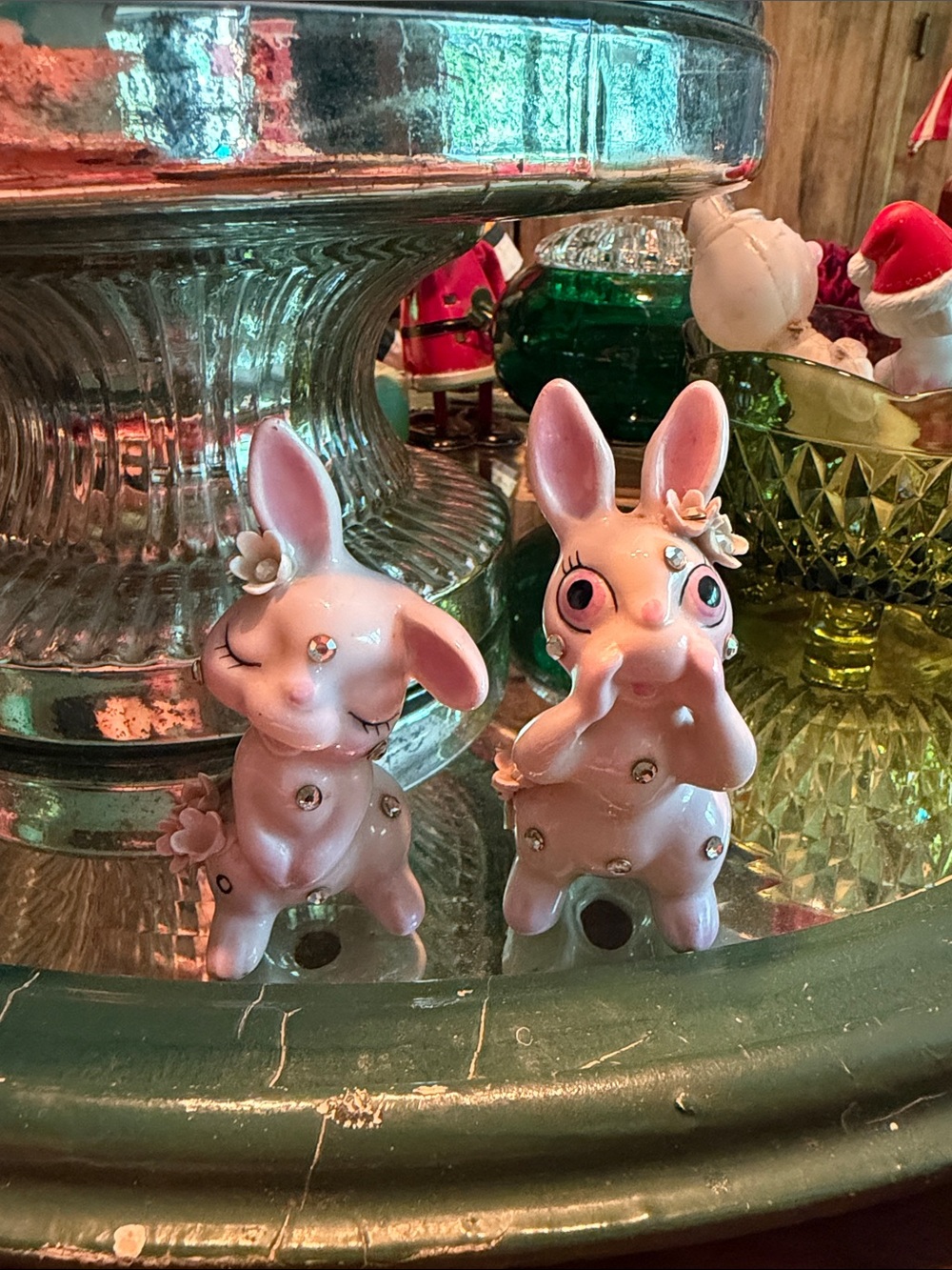 Vintage Pink Ceramic Bunny Pair with Rhinestones